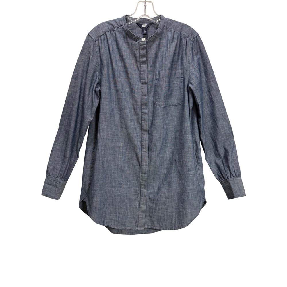 Lands End Chambray Shirt Womens S Blue  Band Collar Hidden Button Pockets Summer